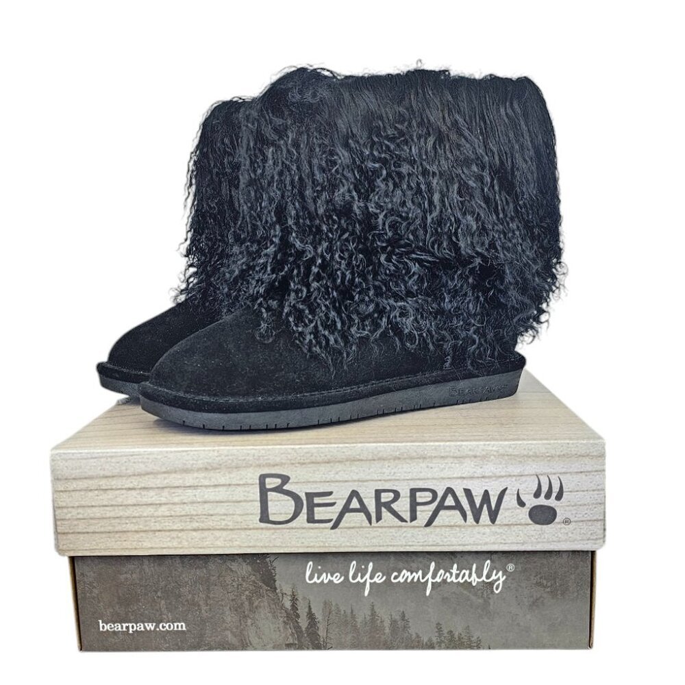 Bearpaw Boo Boots, Curly Lamb, Suede, Sheepskin Wool Lining, Black, Size 8, NIB